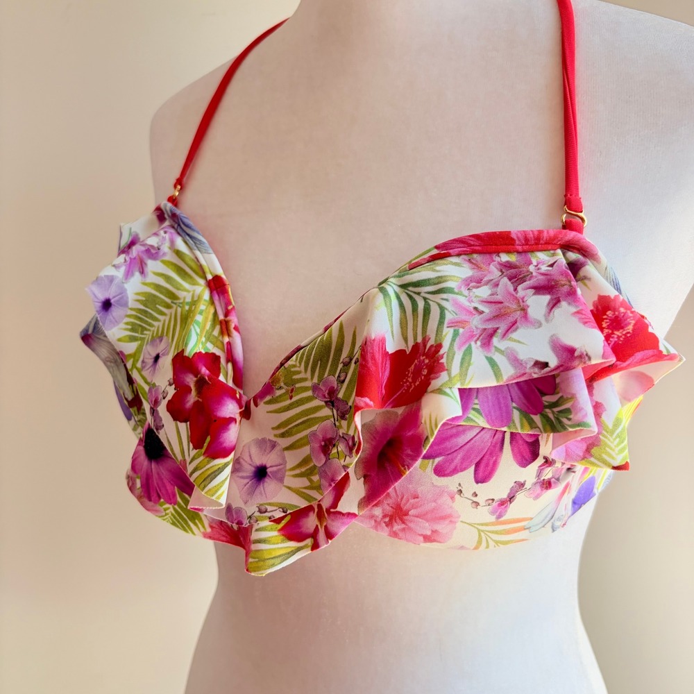 Malai Bikini Top Medium Floral Ruffle Tropical Halter or Strapless Swimsuit Pink - Picture 2 of 5